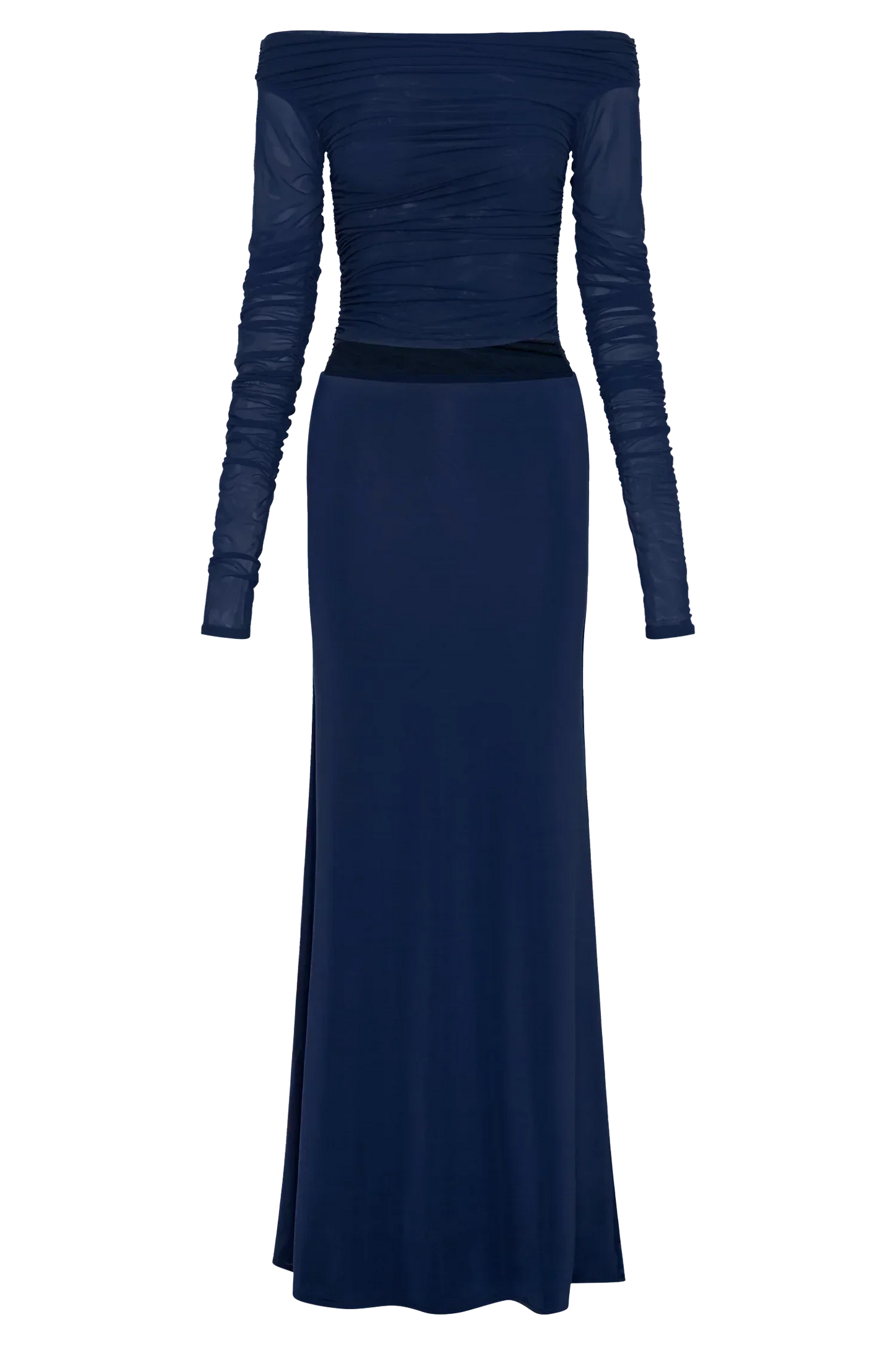 Darla Mesh And Slinky Off Shoulder Maxi Dress - Dark Navy