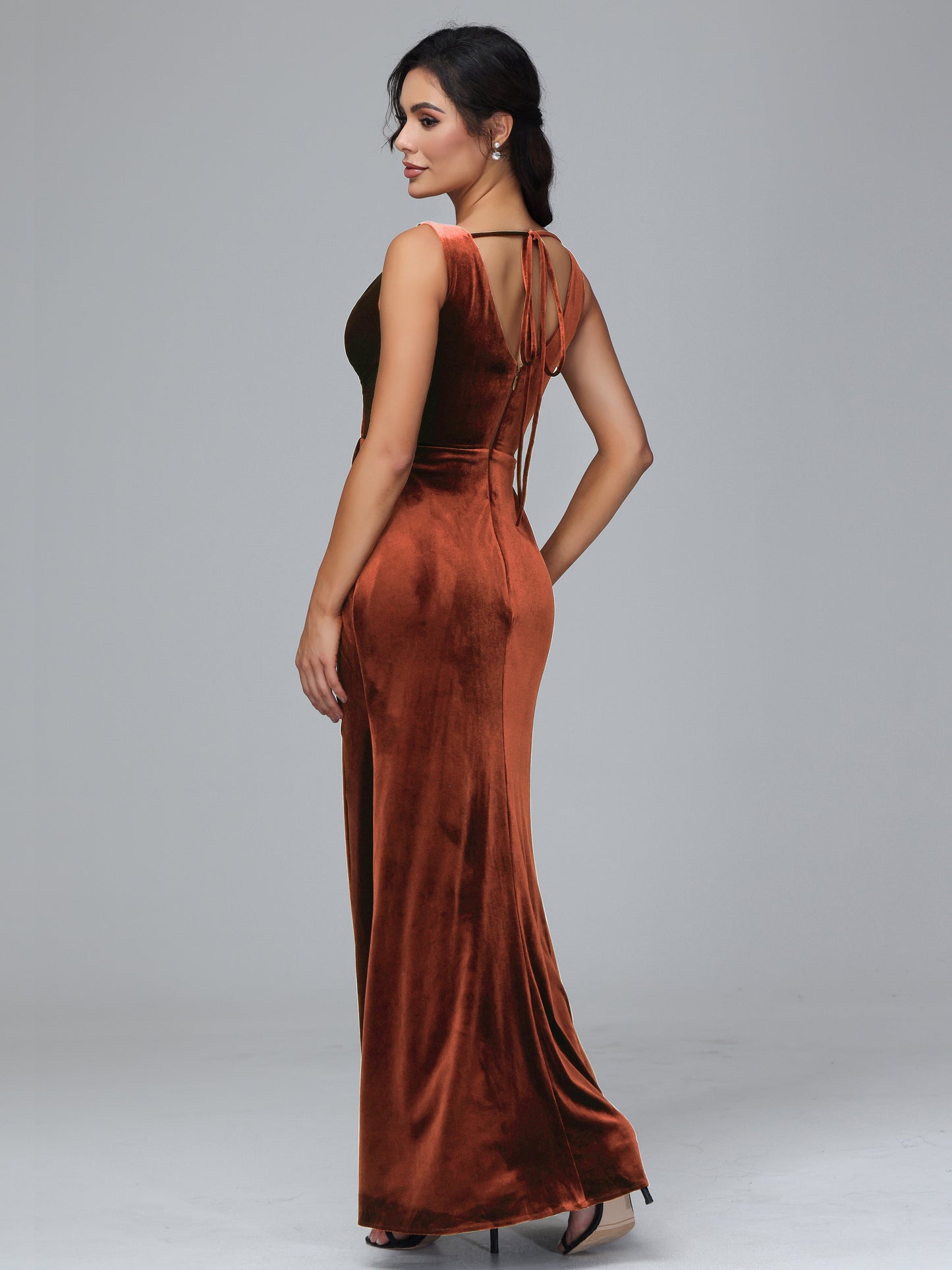 V Neck Velvet Bridesmaid Dress With Slit