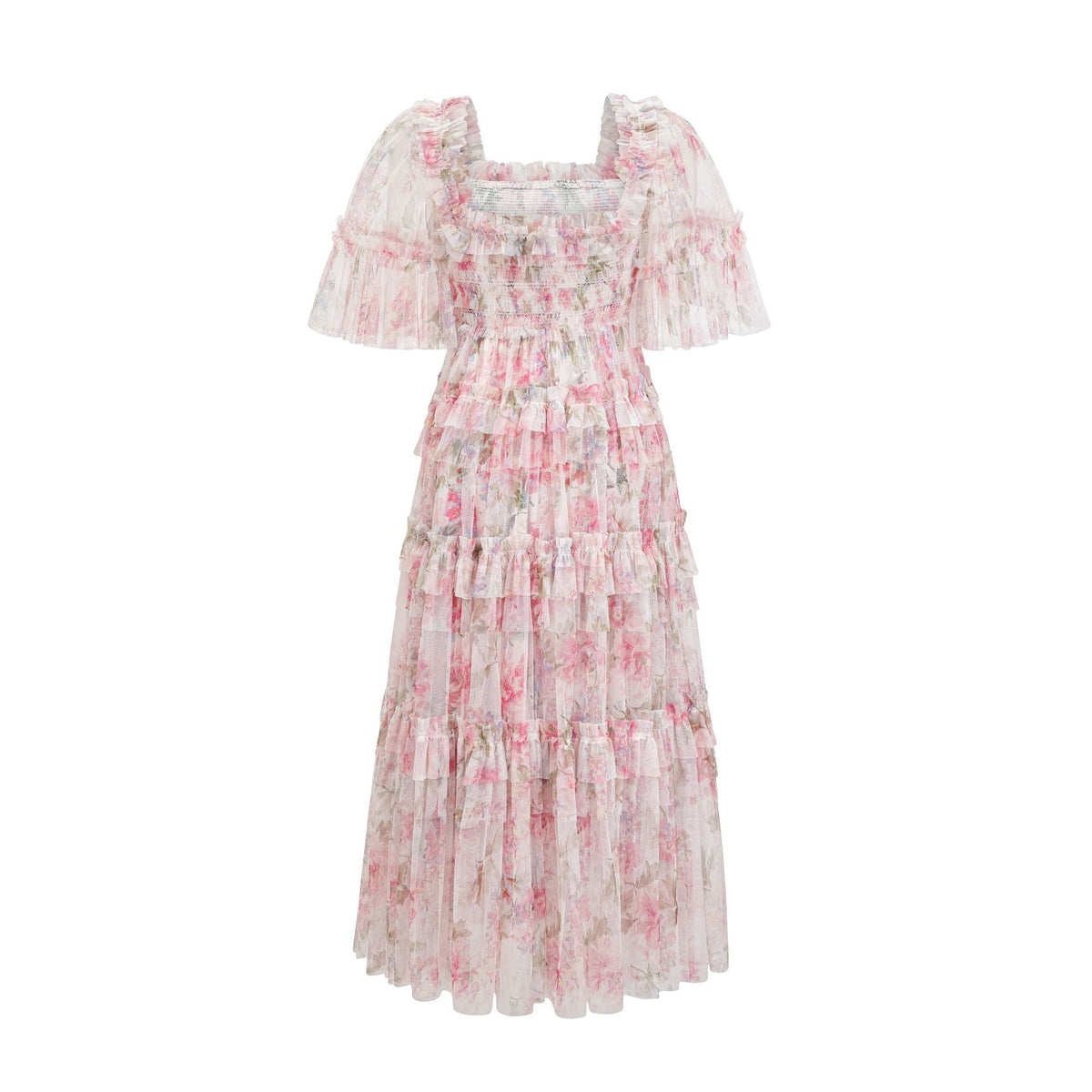Flowy Half Sleeves Floral Ruffle Tulle Layered Bridesmaid Dresses