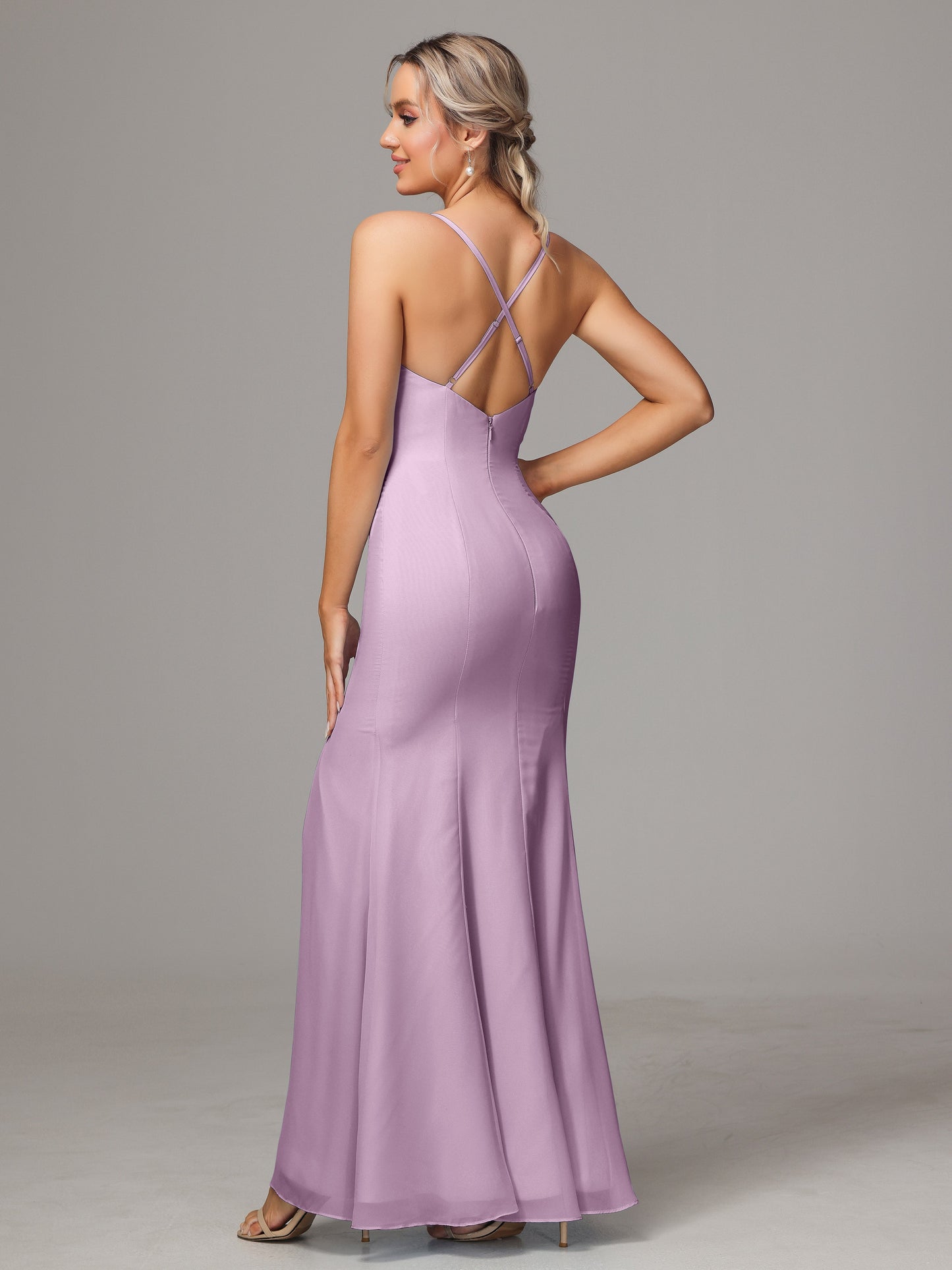 Spaghetti Straps Cross Back Chiffon Bridesmaid Dress