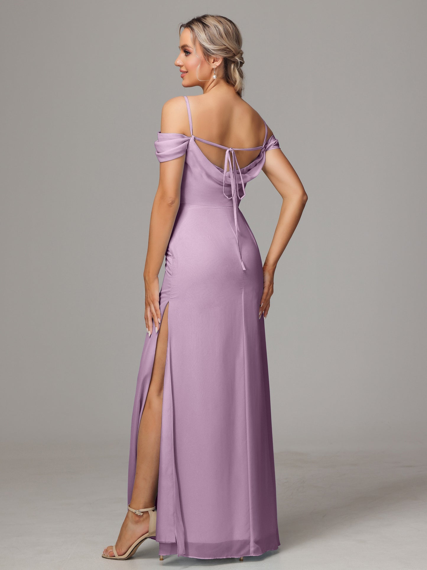 Spaghetti Straps Off The Shoulder Chiffon Bridesmaid Dress With Slit