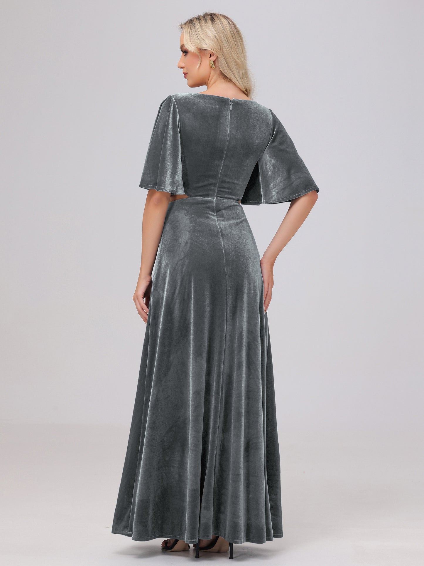 Short Sleeves Chest Tie A-line Velvet Bridesmaid Dresses