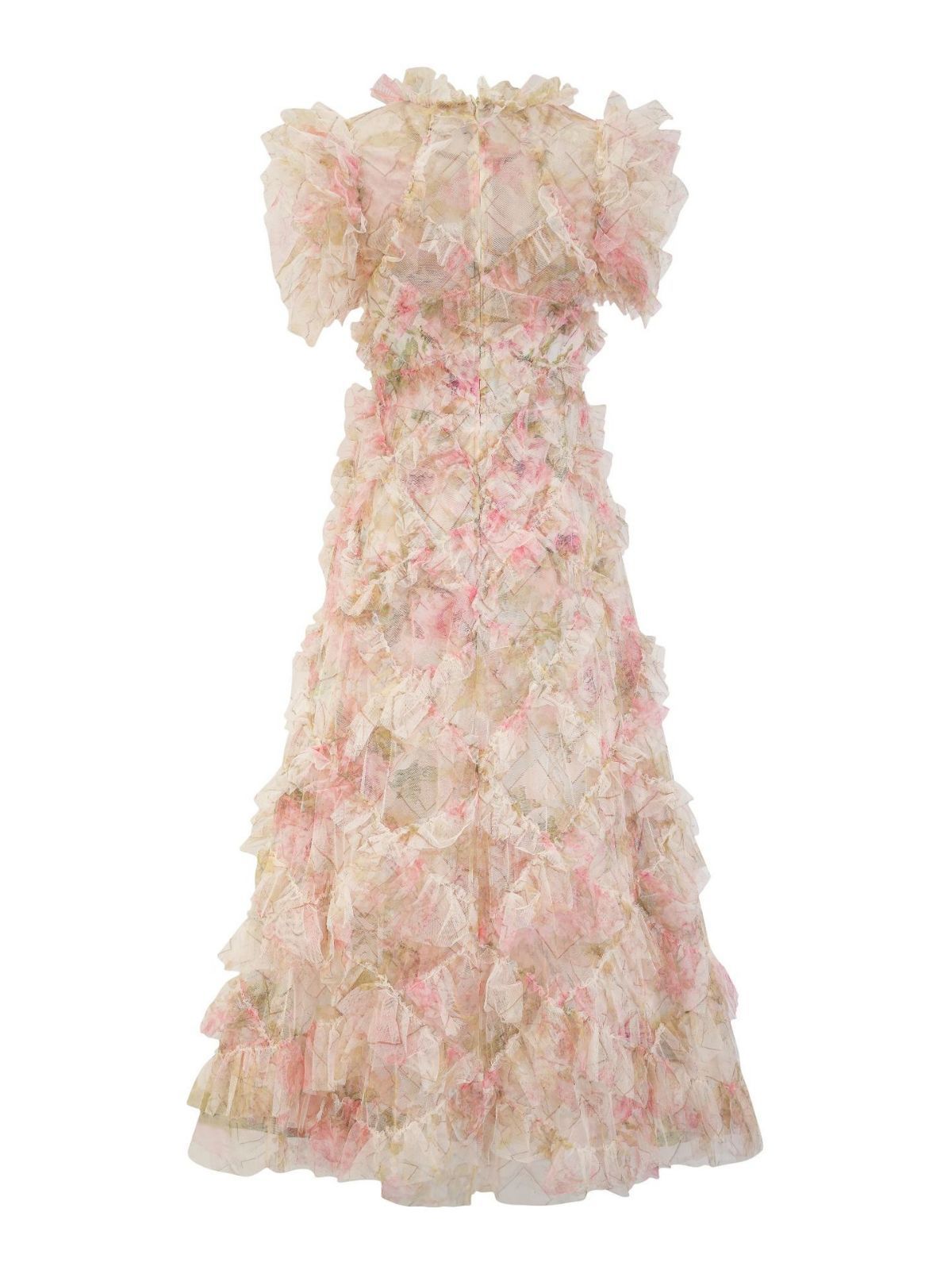 Sweet Floral Print Short Puffy Sleeve Ruffle Tulle Bridesmaid Dresses