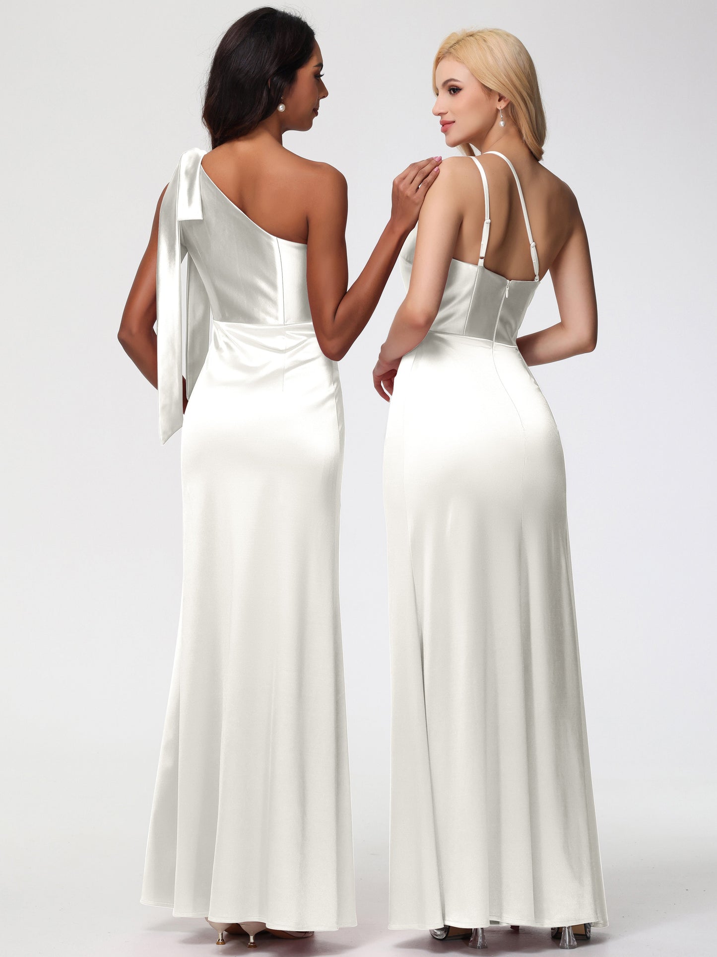 Long Ivory Bridesmaid Dresses One Shoulder Trumpet/Mermaid Straps Pleats Stretch Satin Bridesmaid Dresses