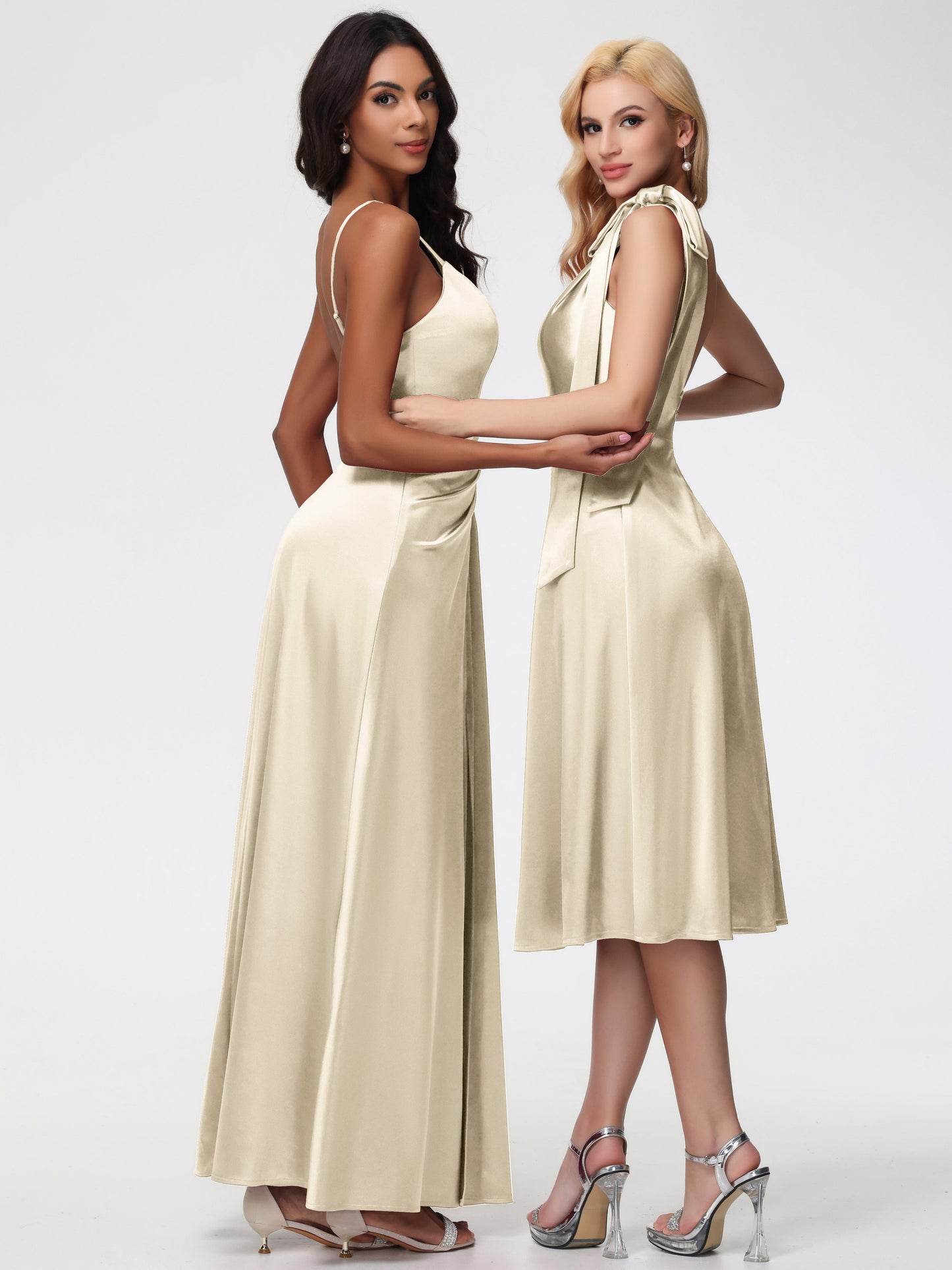 Champagne Bridesmaid Dresses One Shoulder Tea-Length Sleeveless A-Line Stretch Satin Bridesmaid Dresses
