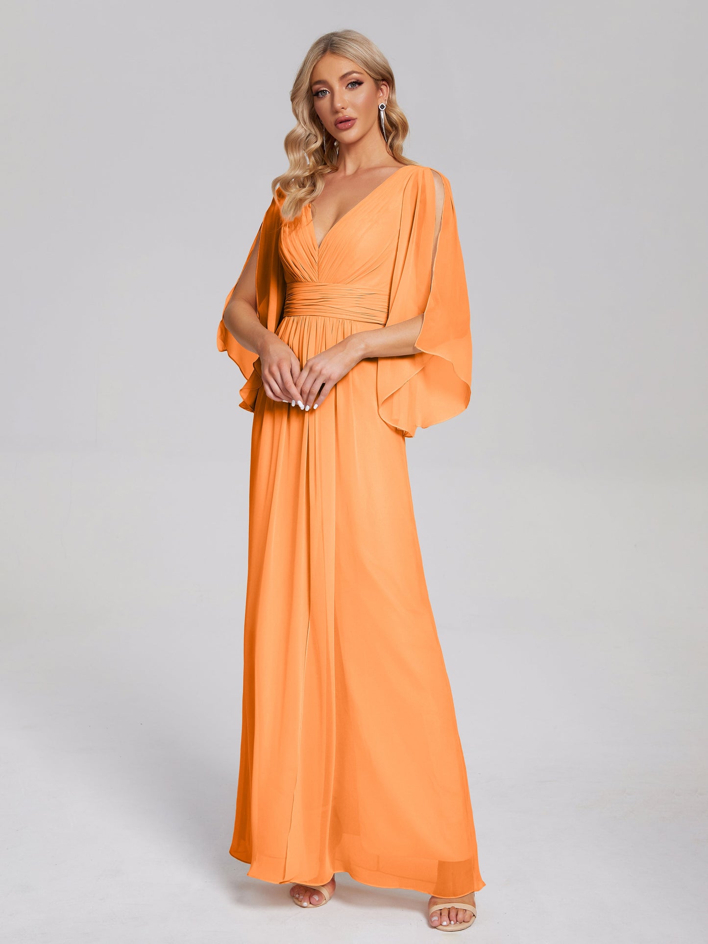 Fatima V-neck Ruffles Long Chiffon Bridesmaid Dress with Slit