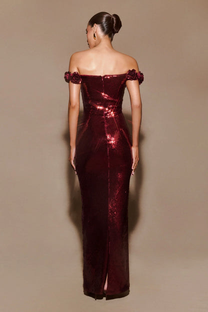 Carrie Sequin Rose Maxi Dress - Mahogany