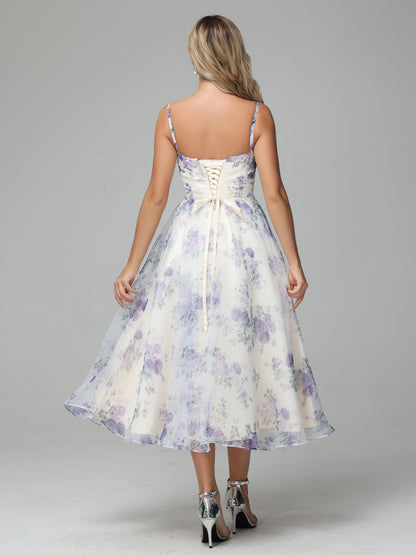 Spaghetti Straps Floral Printed Tea Length Bridesmaid Dresses