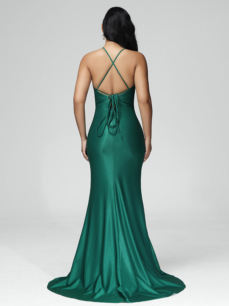 V Neck Lace Up Mermaid Satin Bridesmaid Dress With Slit