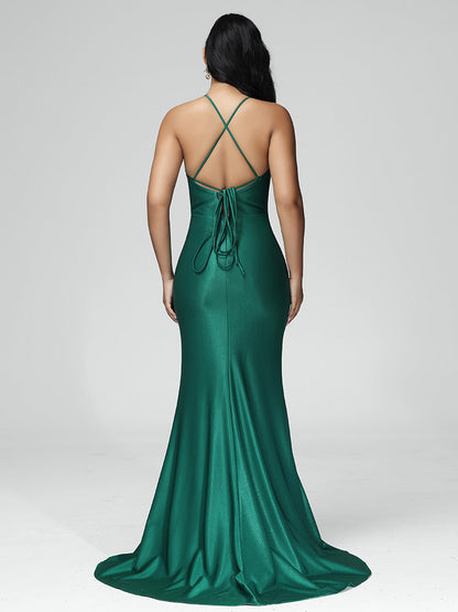 V Neck Lace Up Mermaid Satin Bridesmaid Dress With Slit