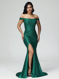 Sleeveless Off The Shoulder Strapless Satin Bridesmaid Dress With Slit