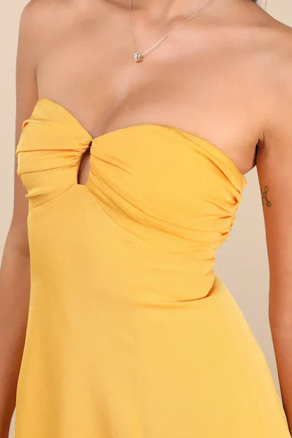Gillian Yellow Pleated Strapless Mini Dress