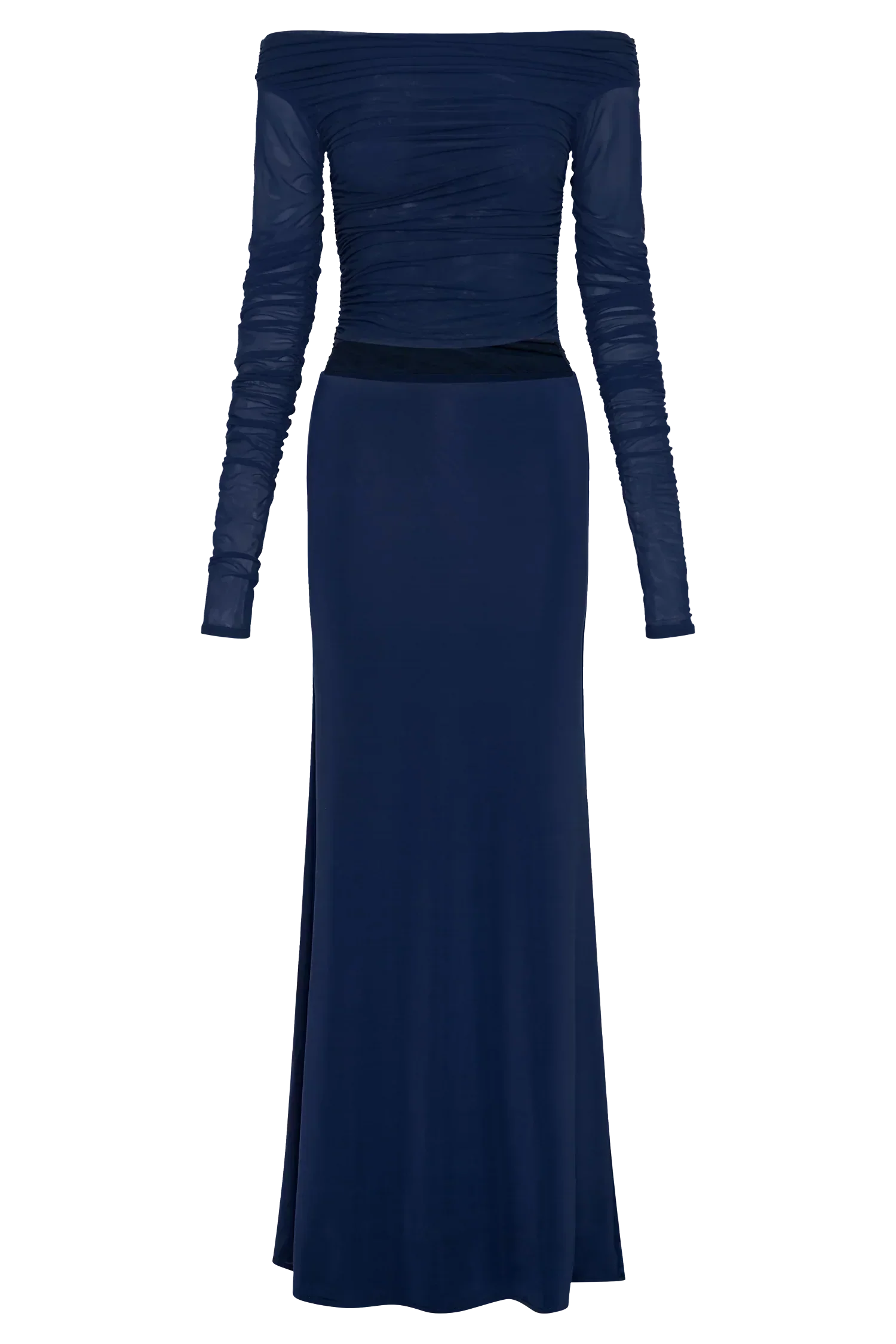 Darla Mesh And Slinky Off Shoulder Maxi Dress - Dark Navy