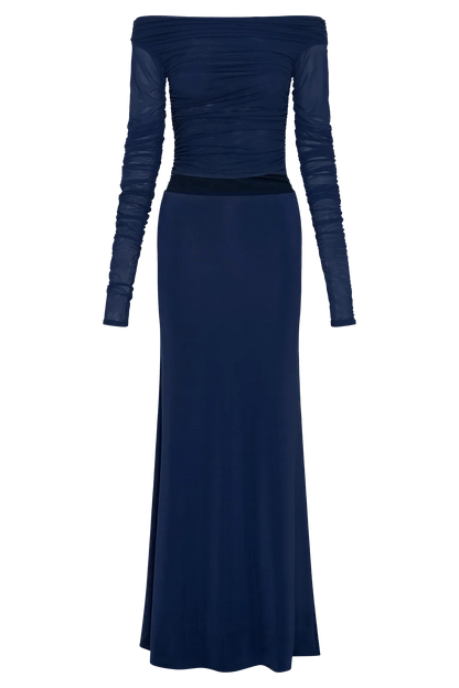 Darla Mesh And Slinky Off Shoulder Maxi Dress - Dark Navy
