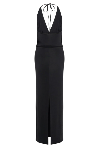 Tyla Draped Slinky Halter Maxi Dress - Black