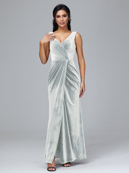 V Neck Velvet Bridesmaid Dress With Slit