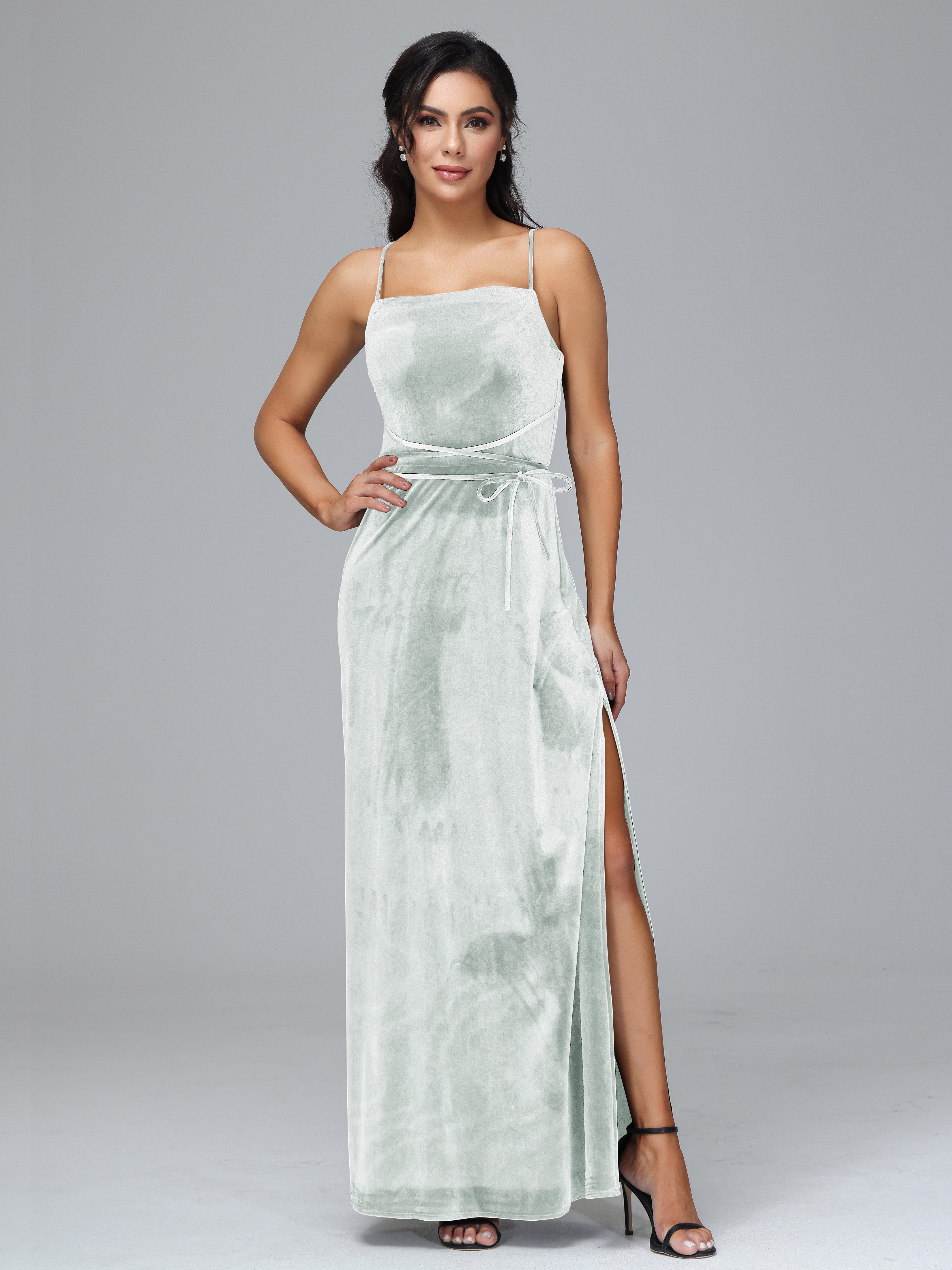 Spaghetti Straps Plus Size Velvet Bridesmaid Dress With Slit