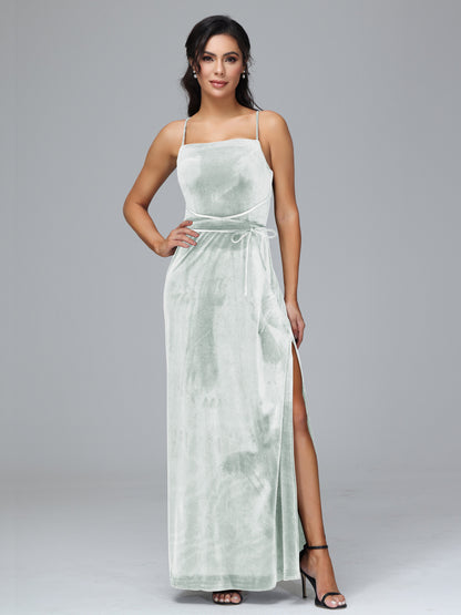 Spaghetti Straps Velvet Bridesmaid Dress With Slit
