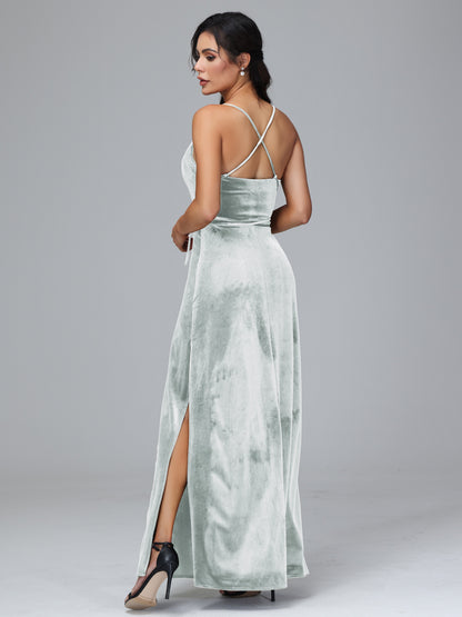 Spaghetti Straps Plus Size Velvet Bridesmaid Dress With Slit