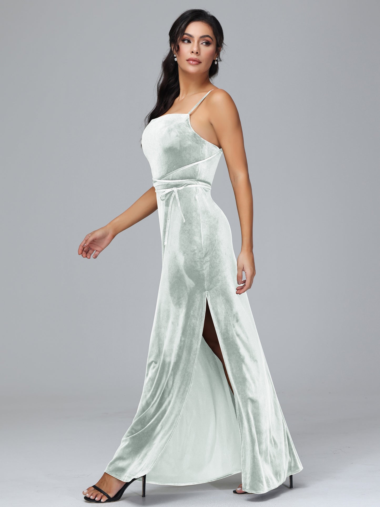 Spaghetti Straps Plus Size Velvet Bridesmaid Dress With Slit