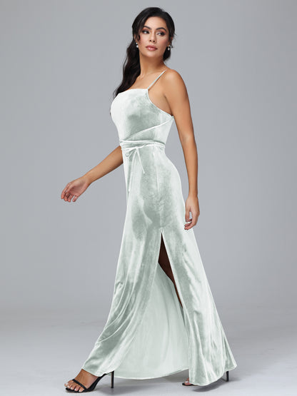 Spaghetti Straps Plus Size Velvet Bridesmaid Dress With Slit