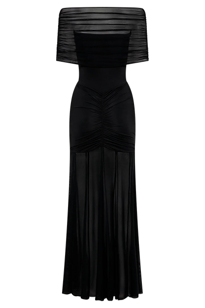 Caspian Slinky And Mesh Off Shoulder Maxi Dress - Black