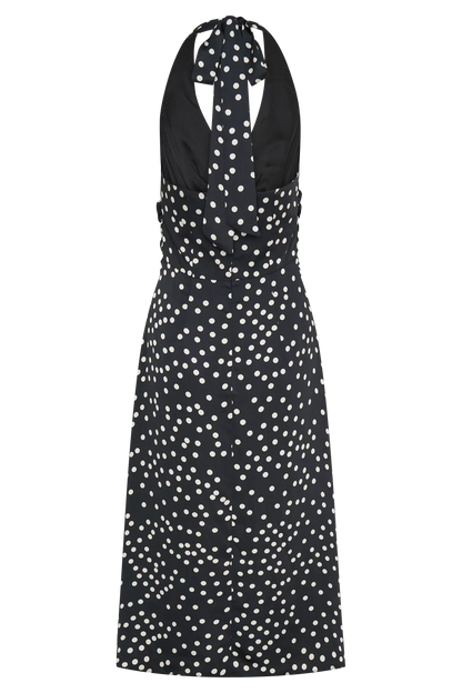 Marguerite Satin Halter Midi Dress - Black Polka Dot Print