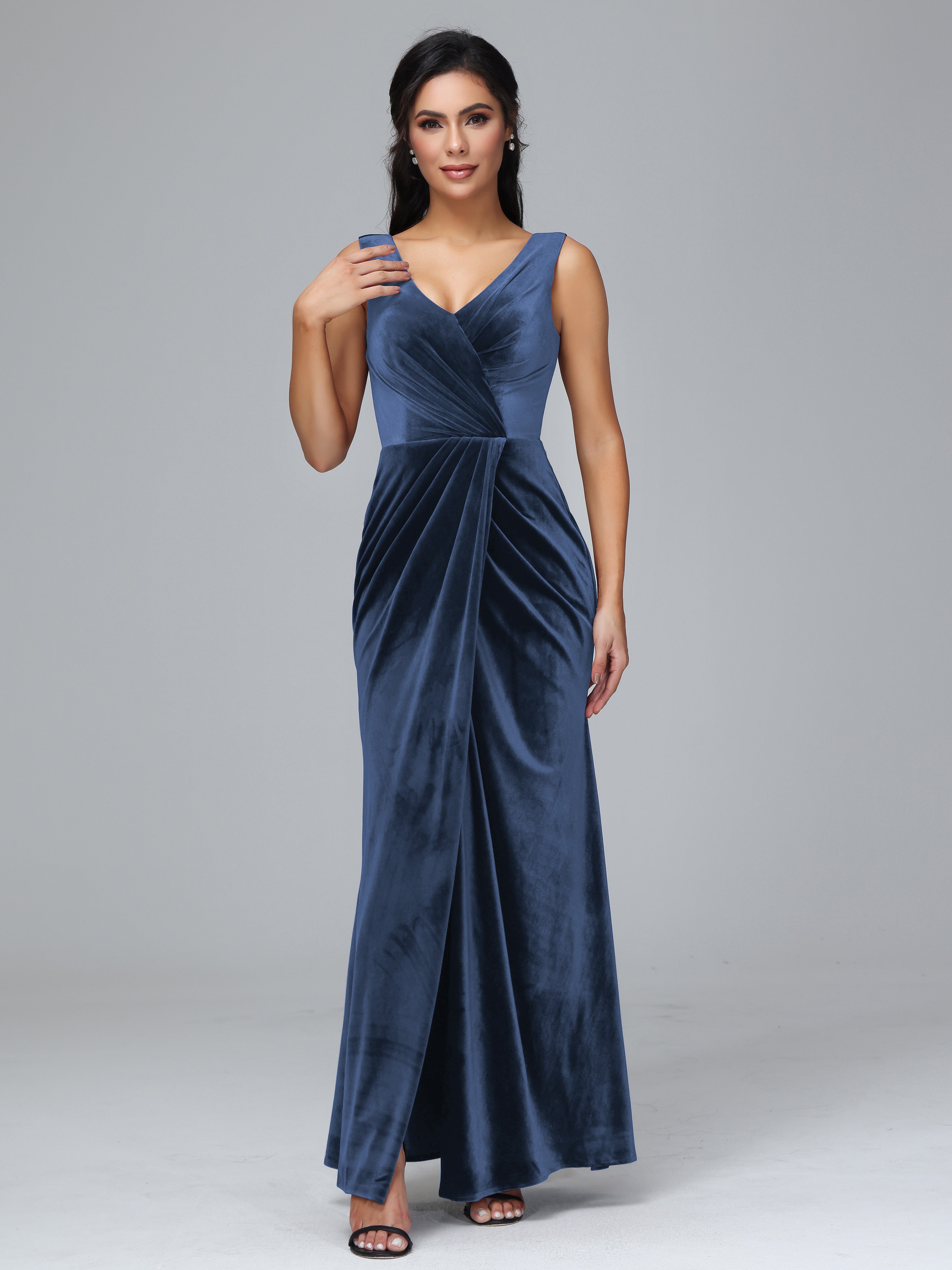V Neck Velvet Bridesmaid Dress With Slit