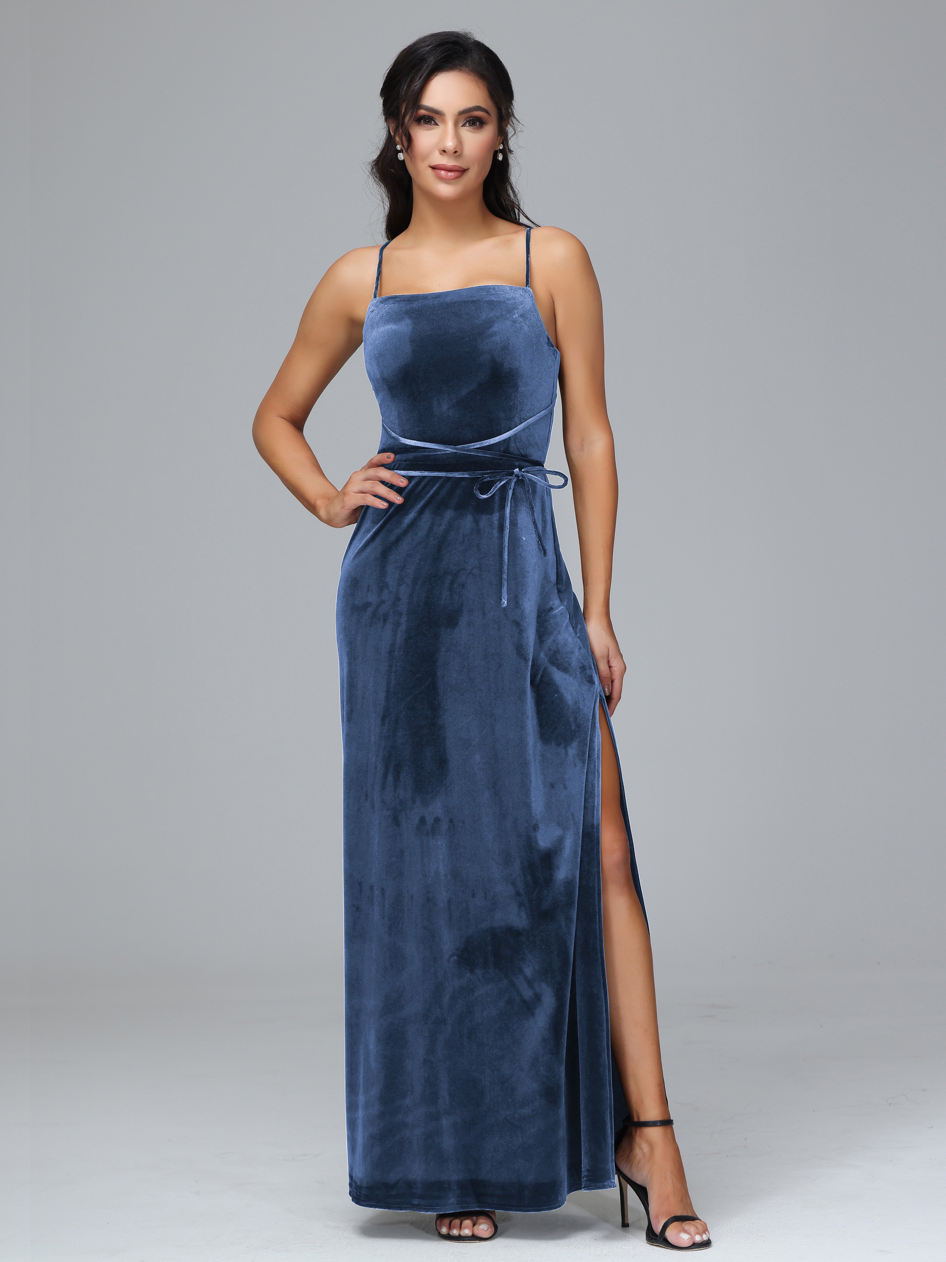 Spaghetti Straps Plus Size Velvet Bridesmaid Dress With Slit