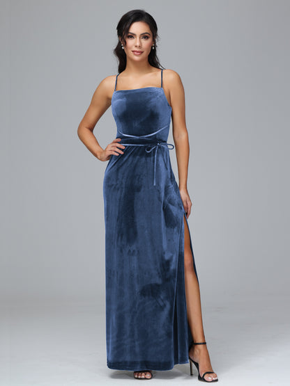 Spaghetti Straps Velvet Bridesmaid Dress With Slit