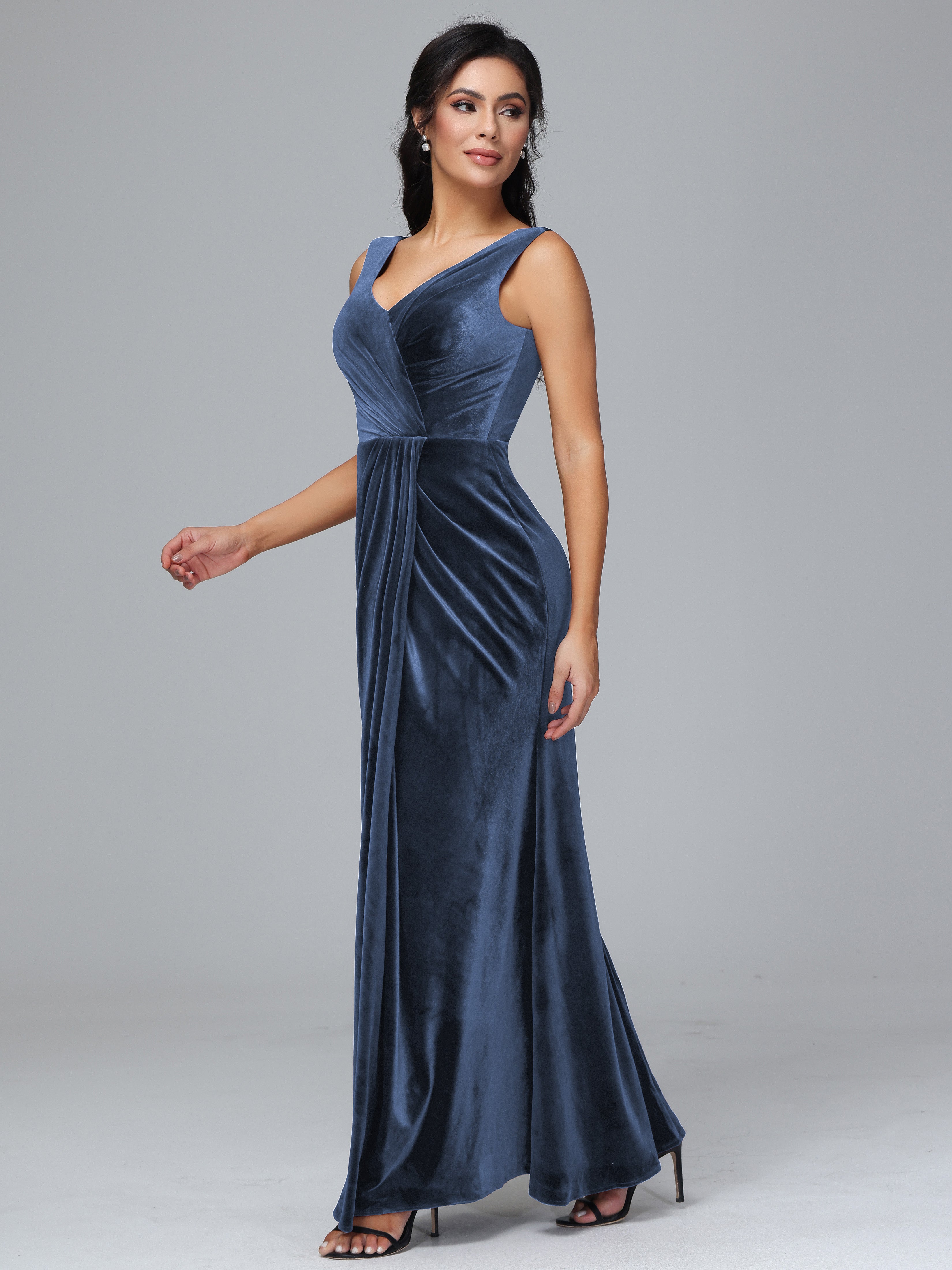 V Neck Velvet Bridesmaid Dress With Slit