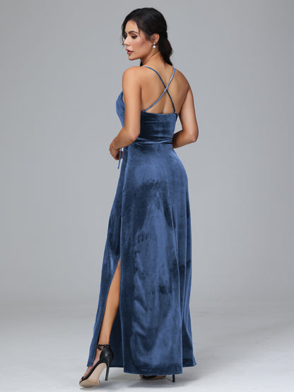Spaghetti Straps Velvet Bridesmaid Dress With Slit