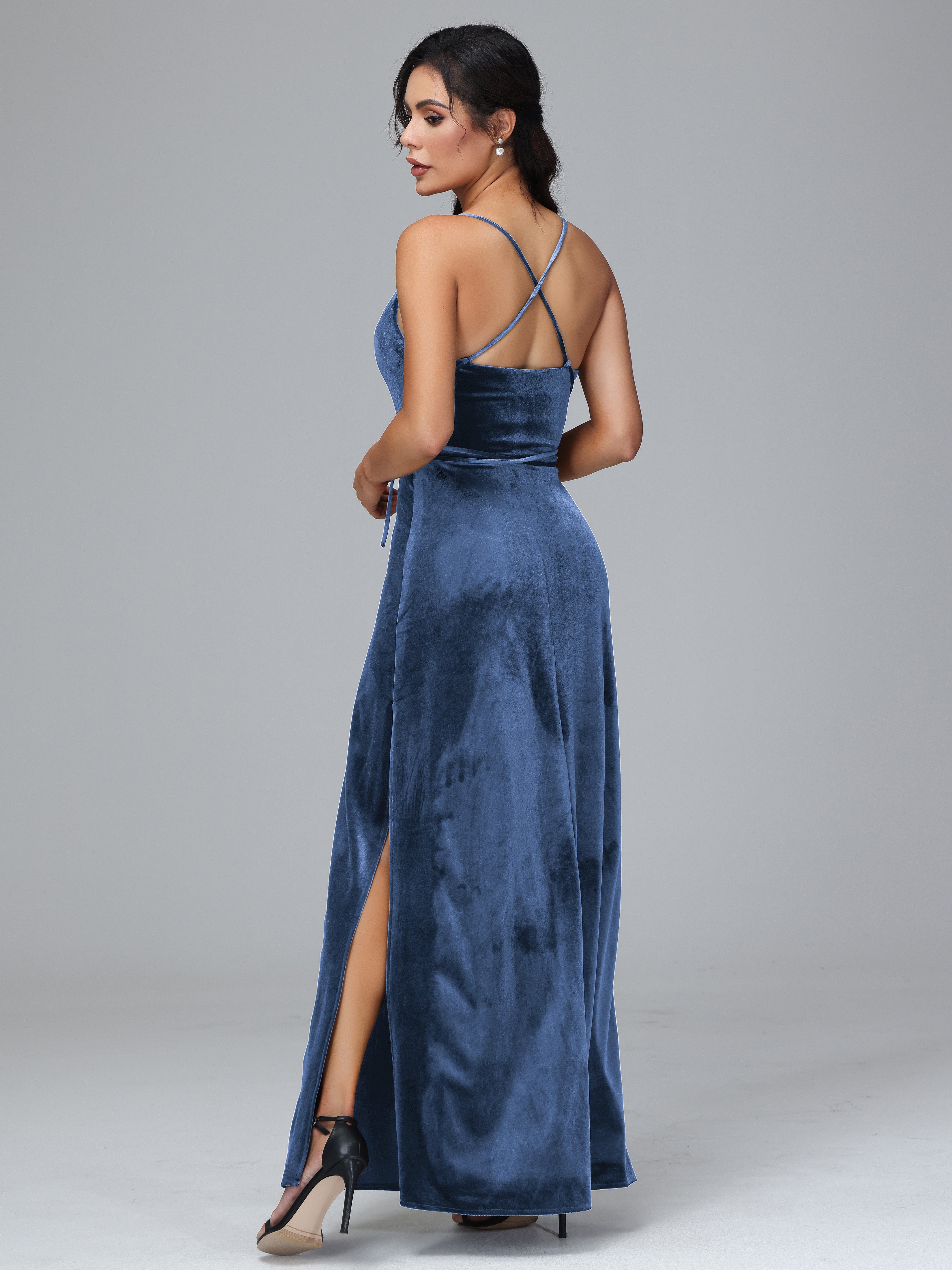Spaghetti Straps Plus Size Velvet Bridesmaid Dress With Slit