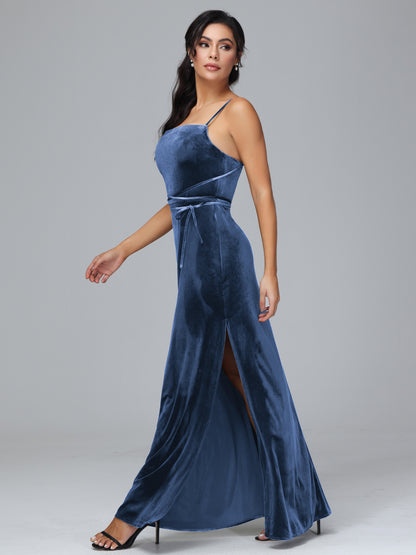 Spaghetti Straps Plus Size Velvet Bridesmaid Dress With Slit