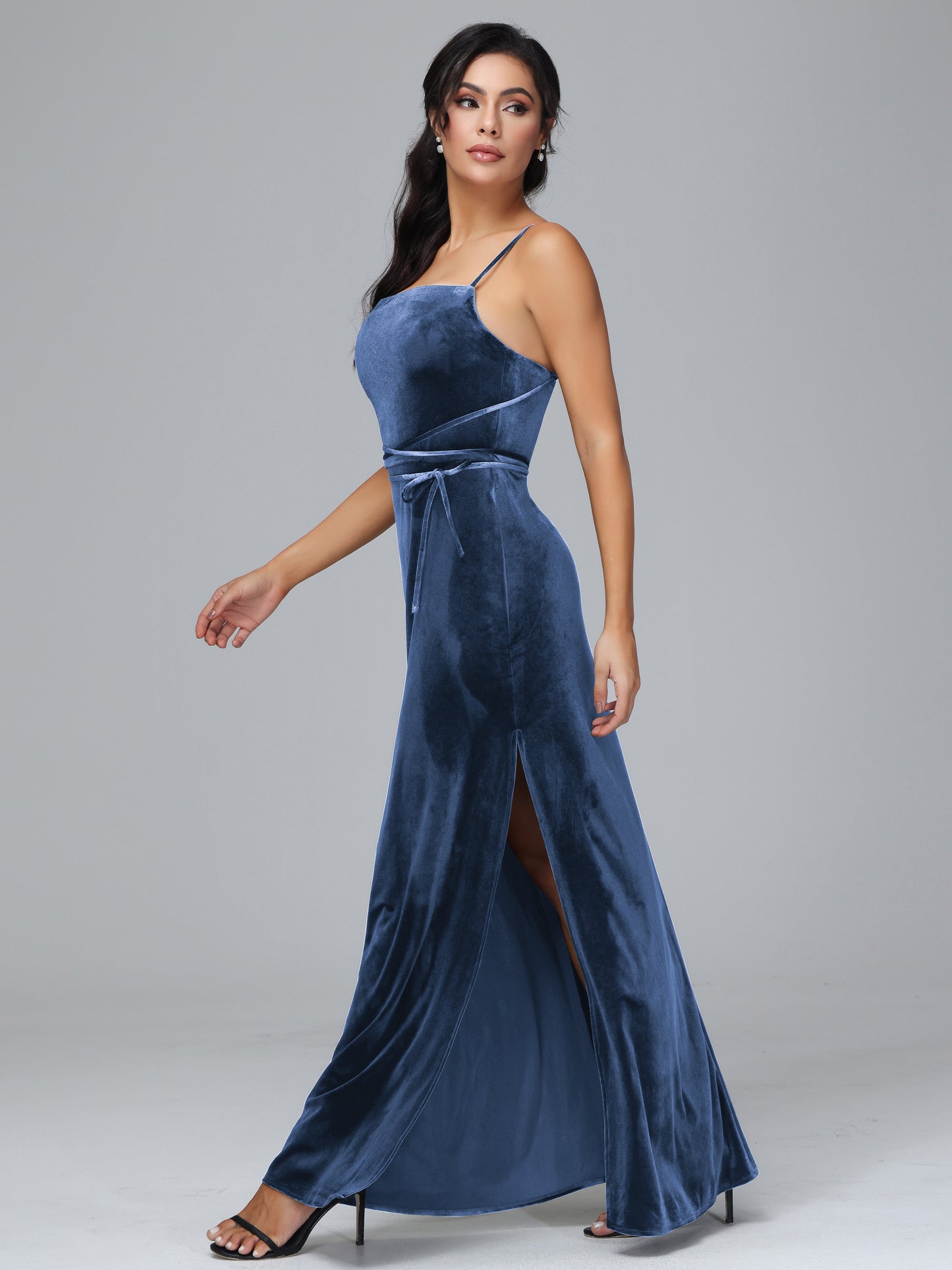 Spaghetti Straps Velvet Bridesmaid Dress With Slit