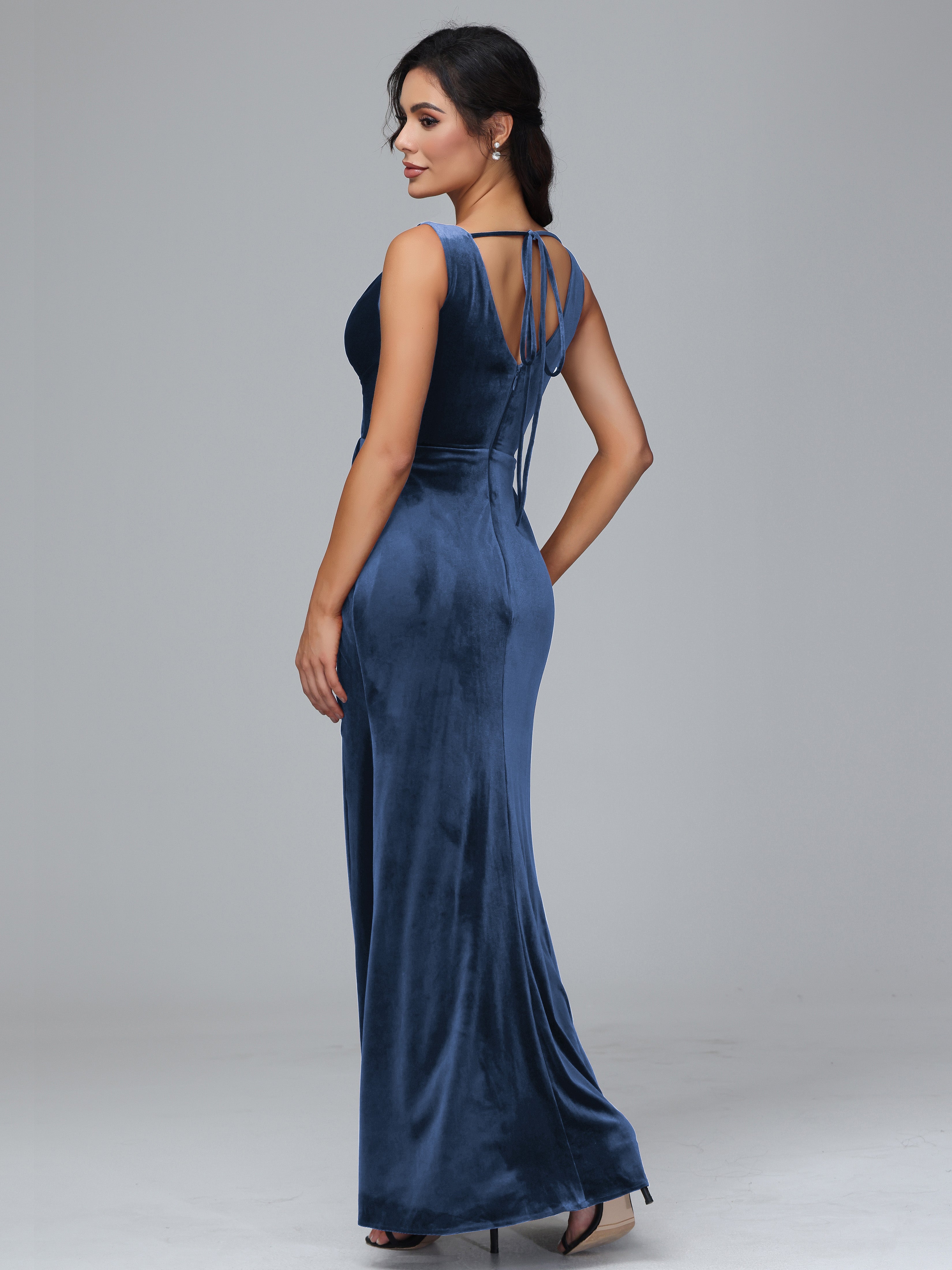 V Neck Velvet Bridesmaid Dress With Slit