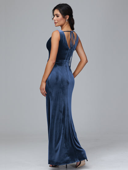V Neck Velvet Bridesmaid Dress With Slit