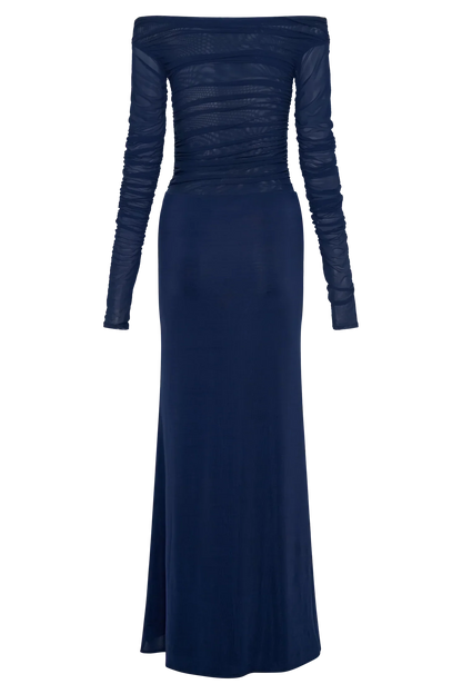 Darla Mesh And Slinky Off Shoulder Maxi Dress - Dark Navy