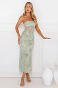 Style Too Good Strapless Mesh Maxi Dress Sage