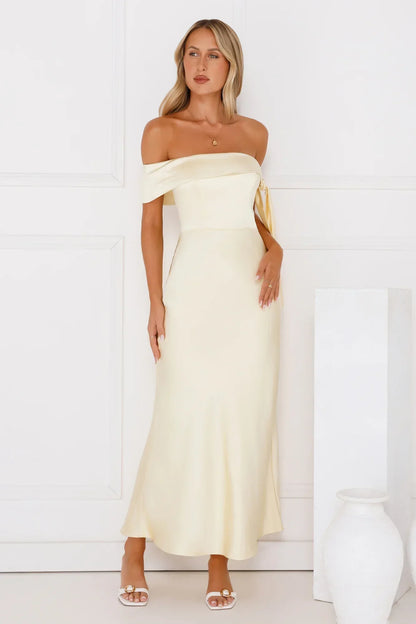 The Hype Off Shoulder Satin Midi Dress Yellow