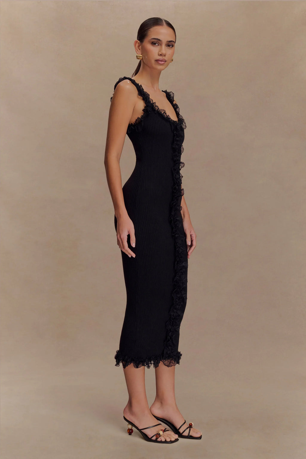 Shay Lace Ruffle Knit Midi Dress - Black