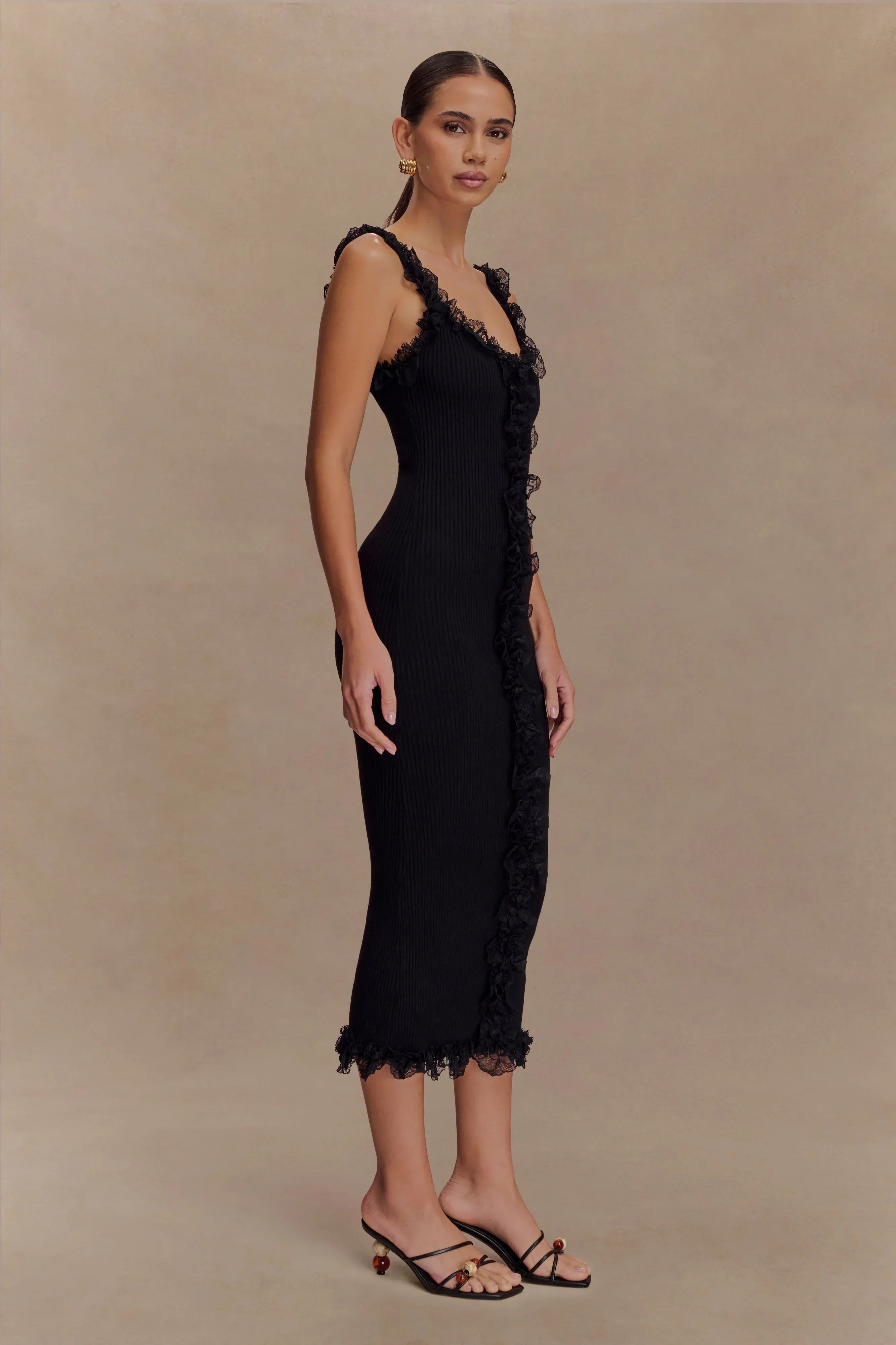 Shay Lace Ruffle Knit Midi Dress - Black