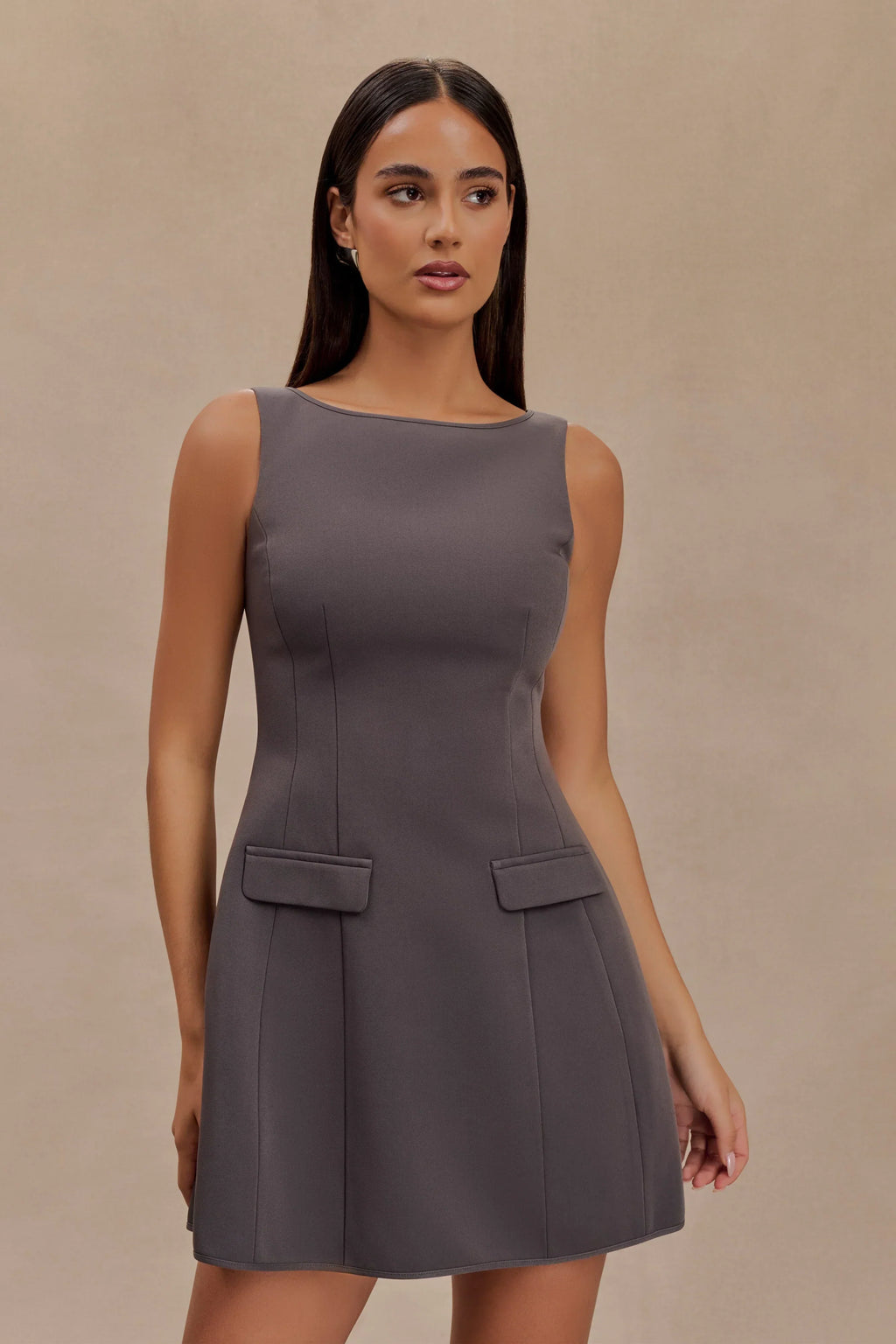 Evanna Sleeveless Suiting Mini Dress - Charcoal Grey