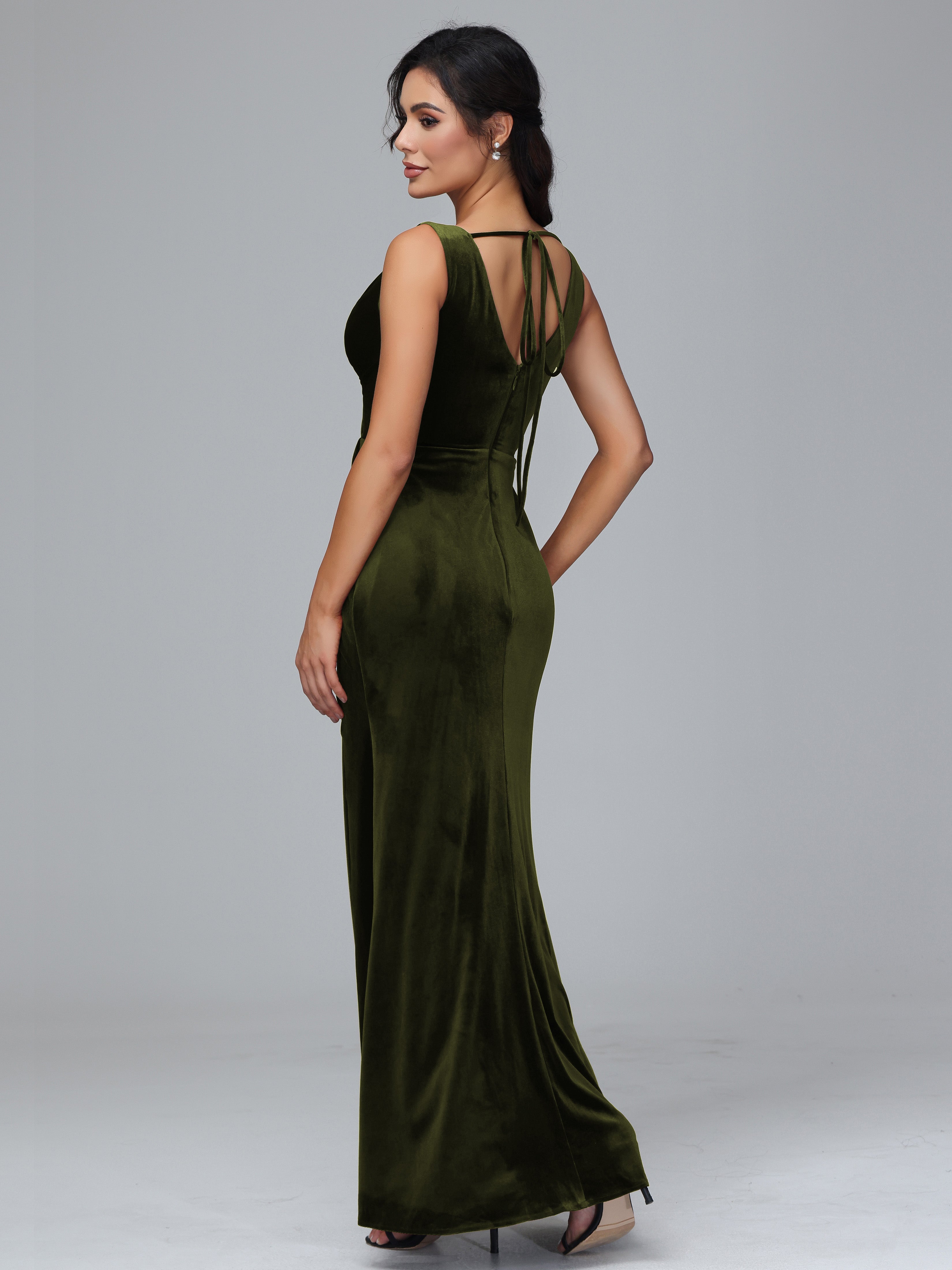 V Neck Velvet Bridesmaid Dress With Slit