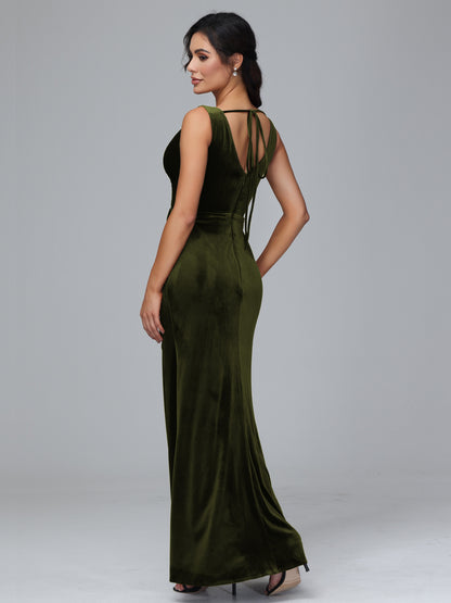 V Neck Velvet Bridesmaid Dress With Slit