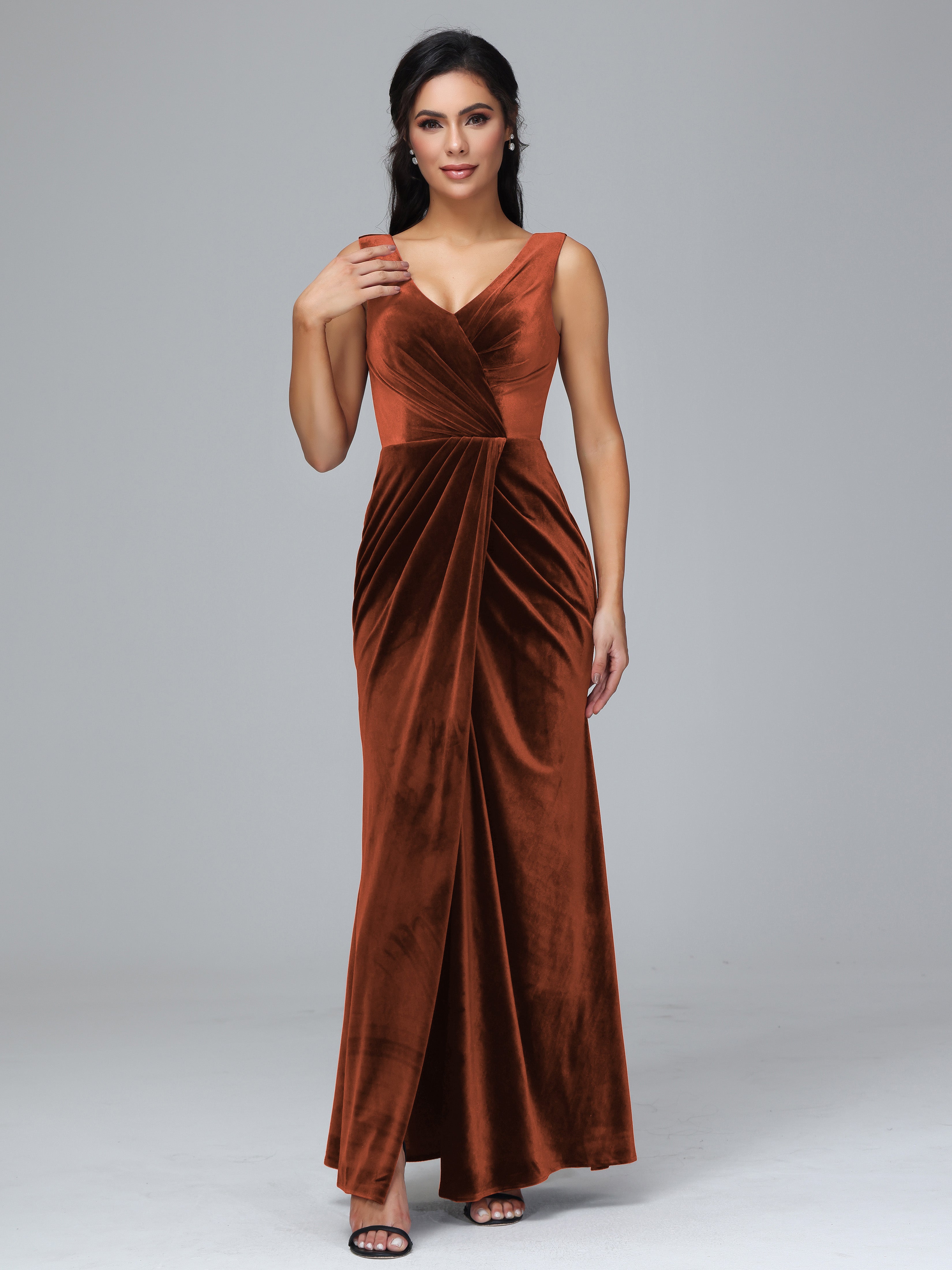 V Neck Velvet Bridesmaid Dress With Slit
