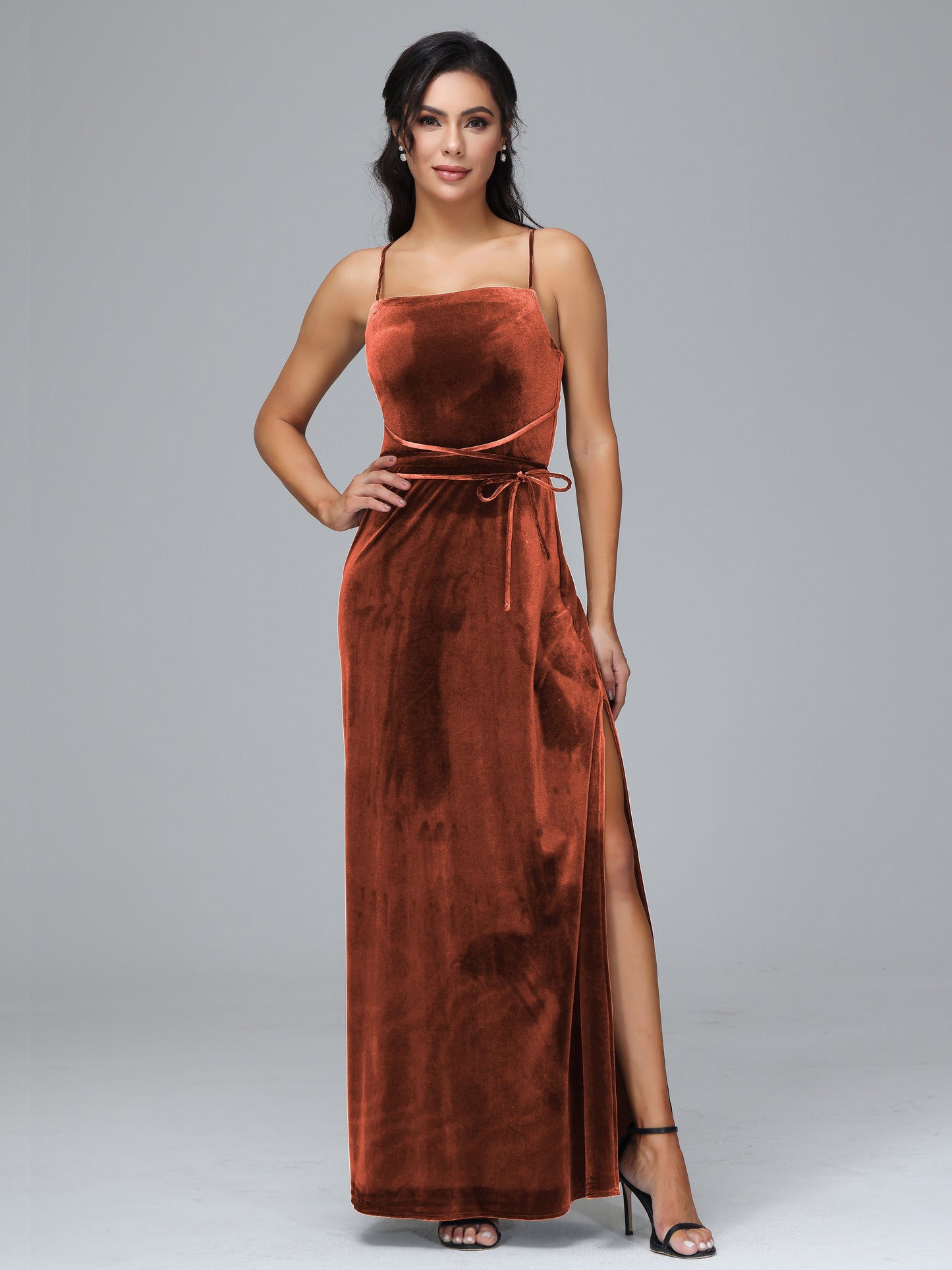 Spaghetti Straps Plus Size Velvet Bridesmaid Dress With Slit