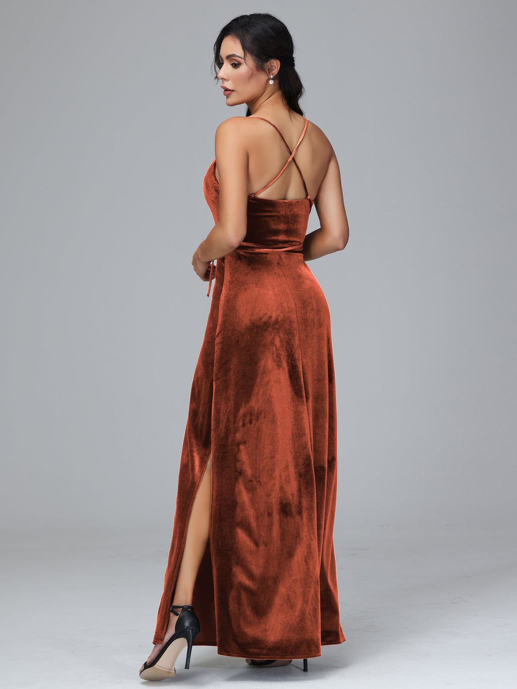 Spaghetti Straps Velvet Bridesmaid Dress With Slit