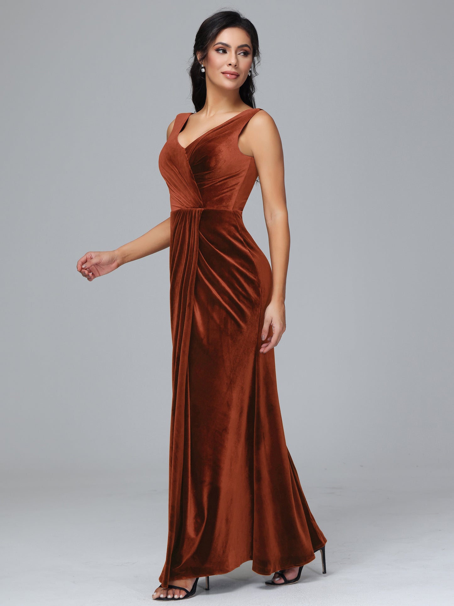 V Neck Velvet Bridesmaid Dress With Slit