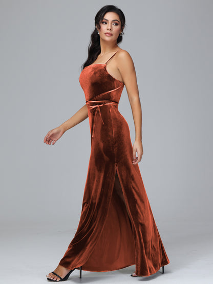 Spaghetti Straps Plus Size Velvet Bridesmaid Dress With Slit
